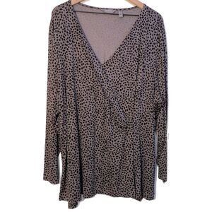 Lisa Rinna Collection Faux Wrap Tunic 3X Gray Black Leopard V-Neck Long Sleeve.